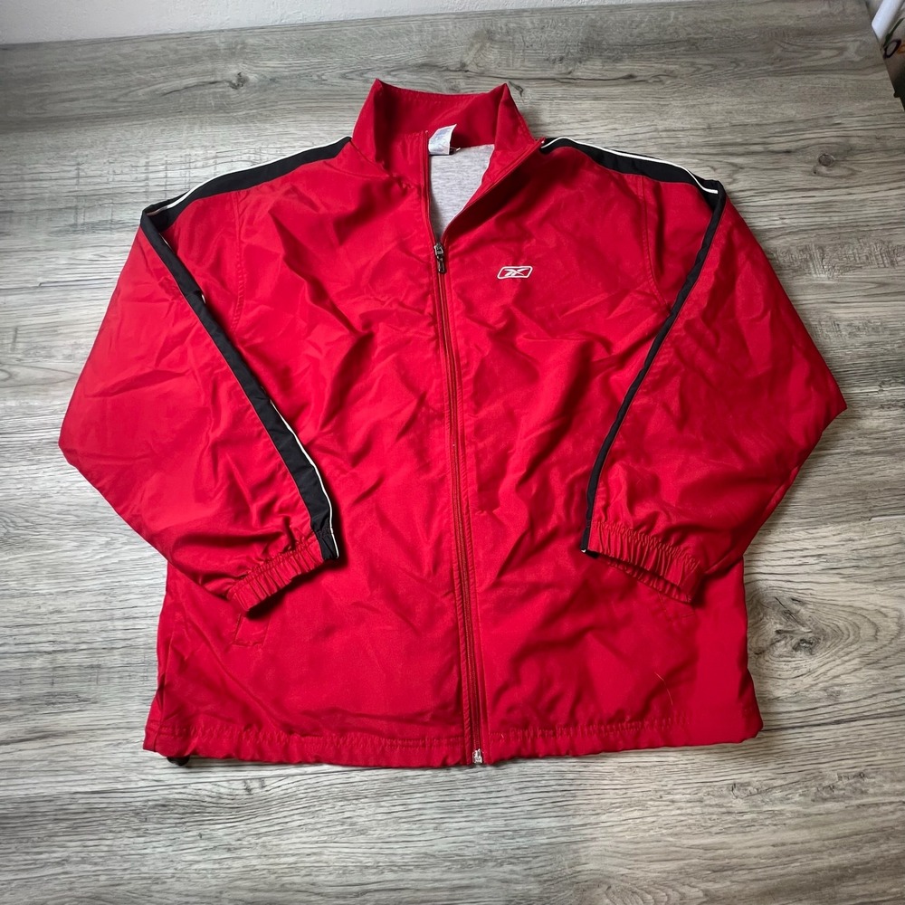 Reebok Windbreaker Jacket Mens Medium Red Black White Stripe Full Zip Y2K Y84